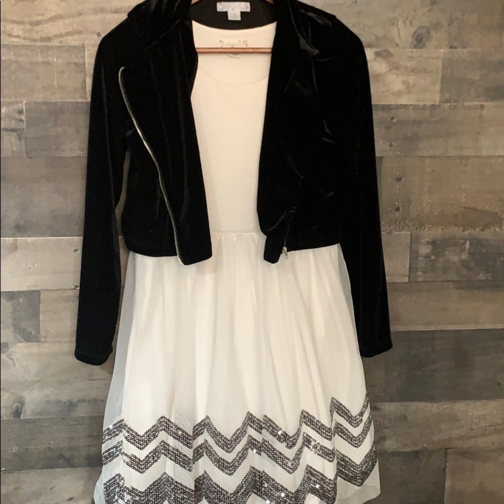 Knit Works White Dress with Black Velvet Jacket